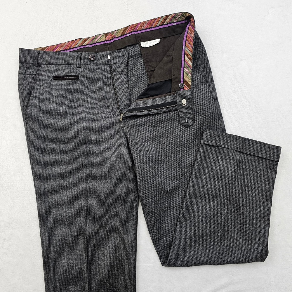 Hiltl Ultmate Trousers Mens 38x29 Grey Wool Blend Micro Check Cuffed Pants